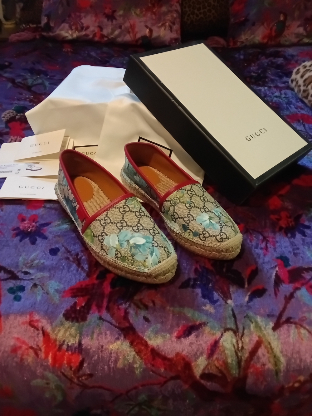 Gucci Women’s GG Canvas Espadrilles with Blue Floral and Red Trim